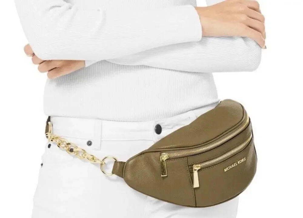 Michael Kors Mott Medium Belt Bag in an olive green pebbled leather finish